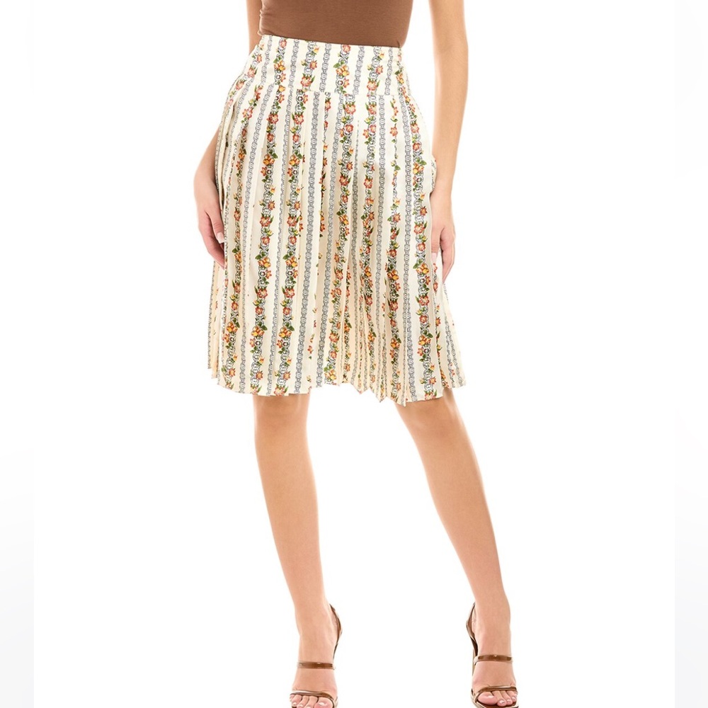 Tory Burch Cream Floral Stripe Pleated Midi Skirt